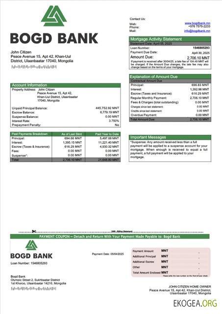 Modèle Word et PDF de relevé hypothécaire de la Bogd Bank de Mongolie